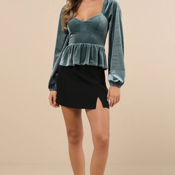 NWT Lulus Marvelously Sweet Sage Blue Velvet Long Sleeve Peplum Top - Picture 1 of 6